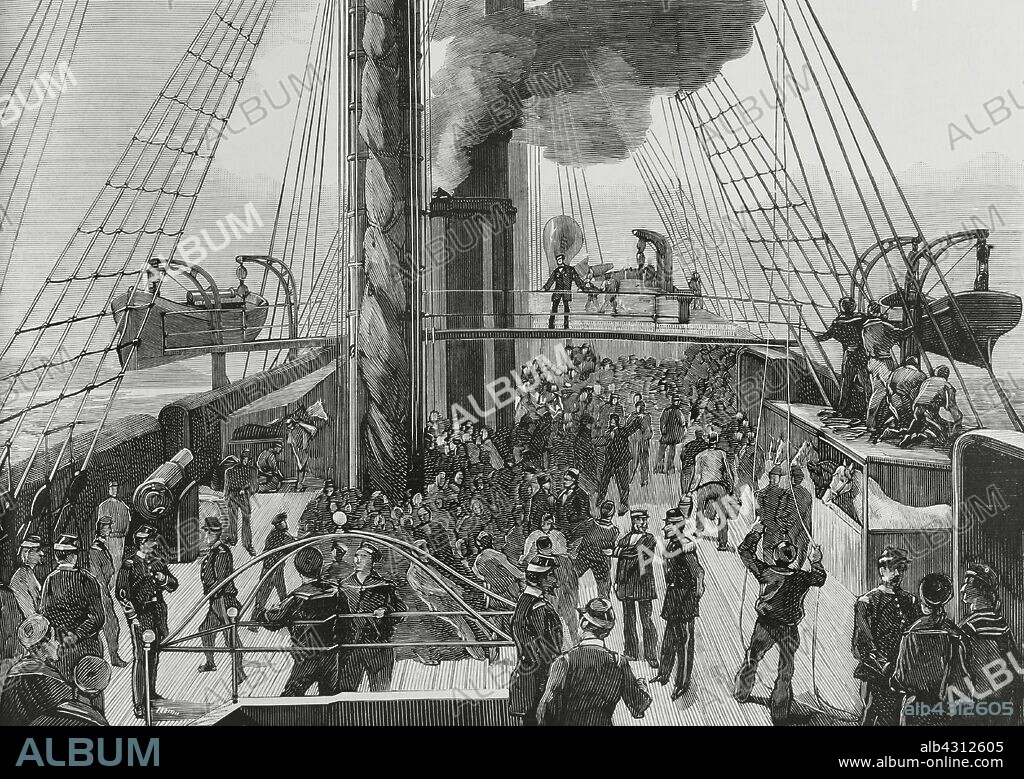 French conquest of Tunisia. The Algerian conflict. The bridge of the frigate "Surveillante" at the time of departure from the French port of Toulon (April 13, 1881). This same warship was the one that bombarded twelve days later the fort of Tabarka Island, whose Tunisian garrison left the position without putting up any resistance. Engraving. La Ilustracion Espa–ola y Americana, 1881.