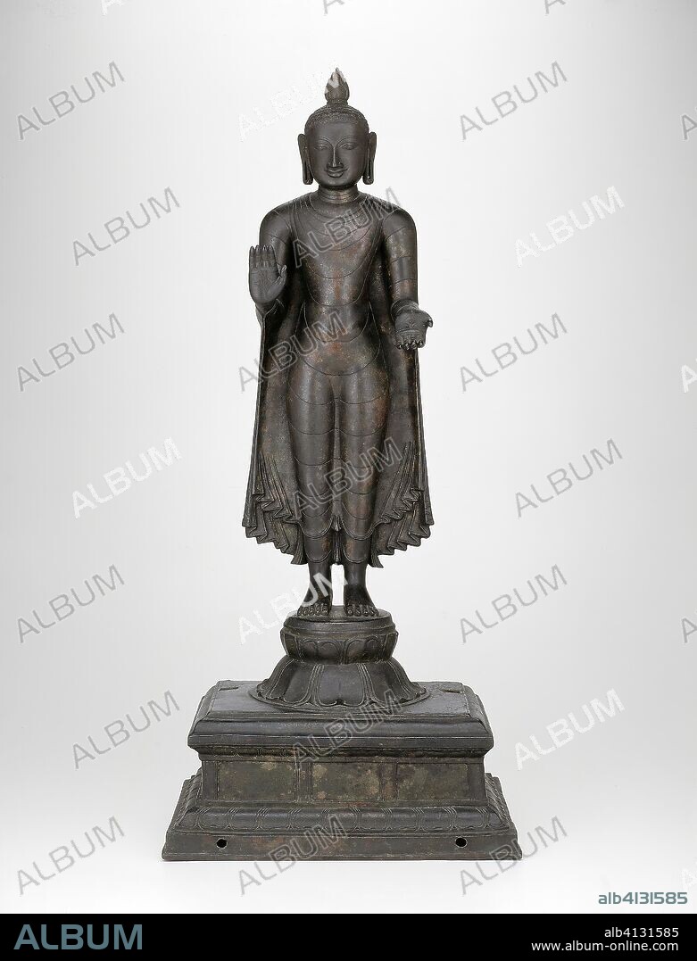 Buddha with Left Hand in Gesture of Gift-Giving (Varadamudra). India; Tamil Nadu, Nagapattinam. Date: 1001-1200. Dimensions: 78.7 × 34.0 × 25.4 cm (31 × 13 3/8 × 10 in.). Bronze. Origin: Nagappattinam.