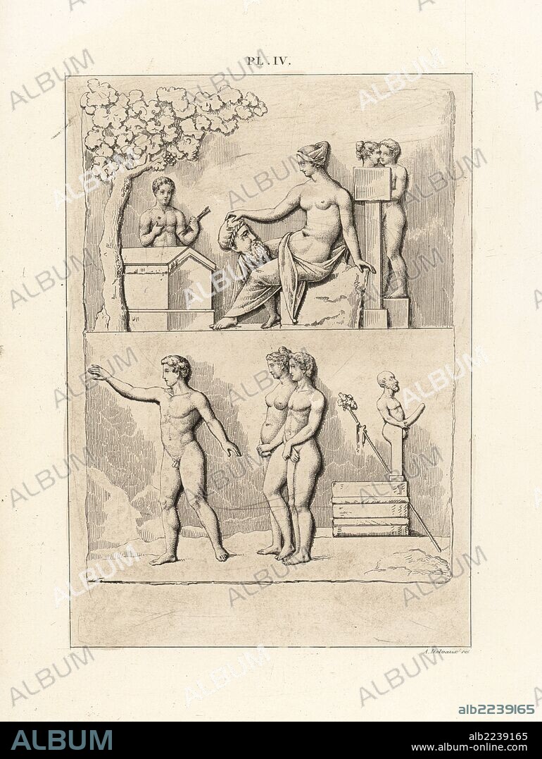 Stone sarcophagus for a married couple, decorated with scenes of the naked  couple with an hierophant and Priapus-Hermes, and a woman in mourning with  a tragic mask. Handco - Album alb2239165