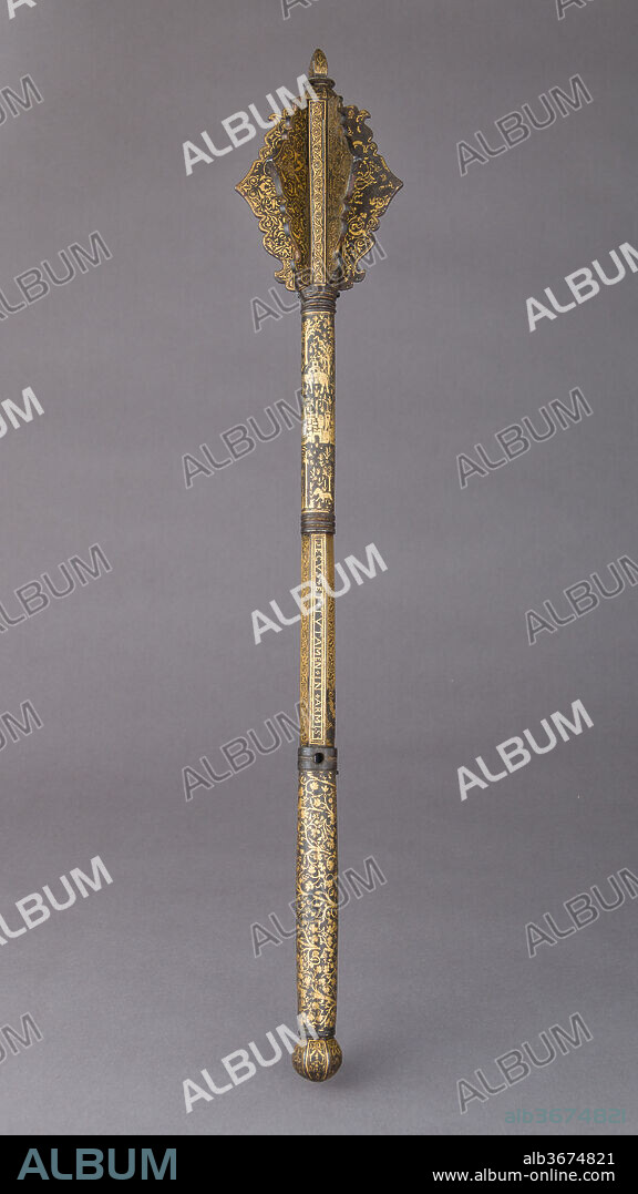 Mace Made for Henry II of France. Culture: French. Damascener: Diego de Çaias (Spanish, recorded 1535-49). Dimensions: L. 24 in. (60.9 cm); W. 4 1/2 in. (11.4 cm);  Wt. 3 lb. 8 oz. (1588 g). Date: ca. 1540.
This mace bears the emblems and mottoes of Henry II (reigned 1547-59) and the signature of the Spanish-born swordsmith and damascener Diego de Çaias, who worked for the French court from 1535 to 1542 and then in England at the court of Henry VIII. The mace appears to have been made for Henry between the time he became dauphin (heir apparent) in 1539 and de Çaias's departure for England in 1542. The tiny multifigured battle scenes in gold and silver are characteristic of de Çaias's work.