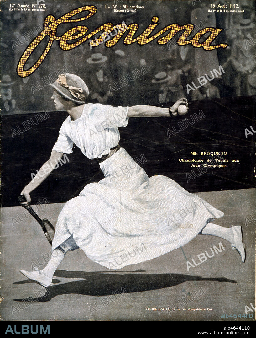 Melle Broquedis championne de tennis aux Jeux Olympiques (de Stockholm). Couverture du magazine FEMINA, 15/08/1912 . Credit Collection Kharbine Tapabor.