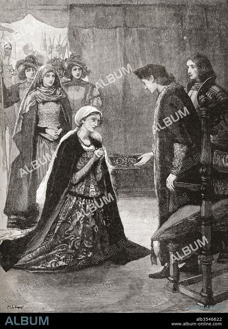 Lady Catherine Gordon taken prisoner and brought before Henry VII at St. Michaels Mount, Cornwall, England after his forces routed Warbeck's Cornish army at Exeter in 1497. Lady Catherine Gordon, c.?1474– 1537. Scottish noblewoman and wife of Yorkist pretender, Perkin Warbeck. After her imprisonment by King Henry VII of England, she became a favoured lady-in-waiting of his wife, Elizabeth of York. From The Century Edition of Cassell's History of England, published 1901.