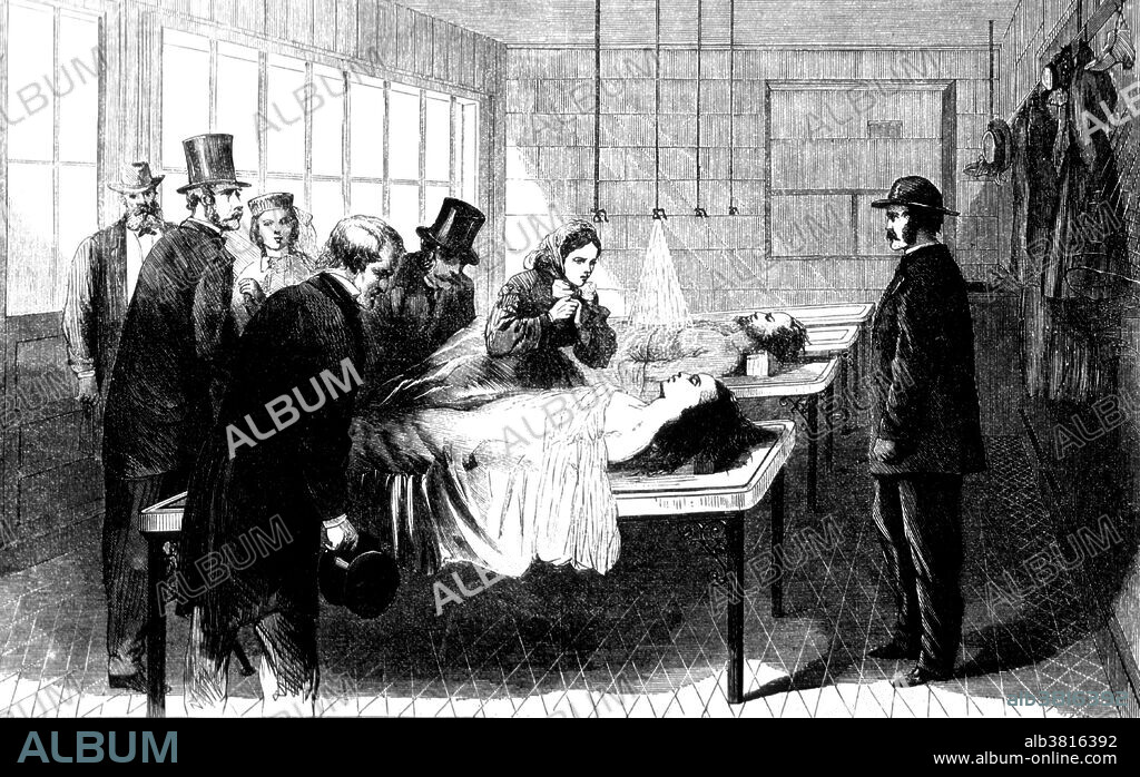 Engraving of New York City's first morgue, located in Bellevue Hospital. A morgue is used for the storage of human corpses awaiting identification or removal for autopsy or disposal by burial, cremation or other method. Bellevue Hospital was founded in 1736 and is the oldest public hospital in the US. In 1798, the city purchased Belle Vue farm a property near the East River which had been used to quarantine the sick during yellow fever outbreaks. The hospital was formally named Bellevue Hospital in 1824. NYU faculty began to conduct clinical instruction at the hospital in 1819. In 1849, an amphitheater for clinical teaching and surgery opened. In 1861, the Bellevue Hospital Medical College, the first medical college in NY with connections to a hospital, was founded. By 1873, the nation's first nursing school based on Nightingale's principles opened at Bellevue, followed by the nation's first children's clinic in 1874 and the nation's first emergency pavilion in 1876. Harper's Weekly, 1866.