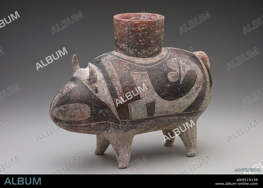 Ceremonial vessel in the form of a Water Buffalo, 1000-300 BCE, Unknown, 13 x 15 1/4 x 7 1/4 in. (33 x 38.7 x 18.4 cm), Earthenware with impressed designs, Thailand, 10th-3rd century BCE, Among the first domesticated animals in Thailand, the water buffalo was instrumental to the plowing of rice fields and also a likely symbol of abundance for the afterlife. These three vessels, including an exceptionally large one in the form of a water buffalo, were found as a group in graves, where they had been smashed as offerings over the bodies of the deceased. Now reconstructed, they present important developments from the earlier ceramics seen at left, with their use of multiple colors on a single vessel, incised and rope-marked patterns for surface texture, and inventive forms gracefully standing on several feet.