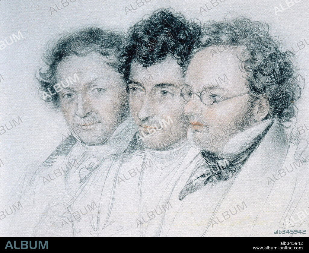 JOSEF EDUARD TELTSCHER. Schubert with friends Johann Baptist Jenger and Anselm Hüttenbrenner", Chalk drawing, 1827, Private collection.