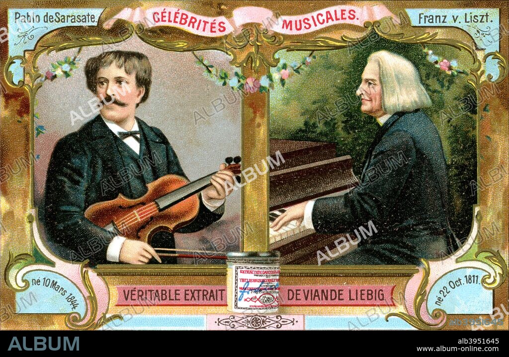Pablo de Sarasate and Franz Liszt, c1900. Musicians Pablo de Sarasate (1844-1908) and Franz Liszt (1811-1886). French advertising for Liebig, extract of meat, c1900.