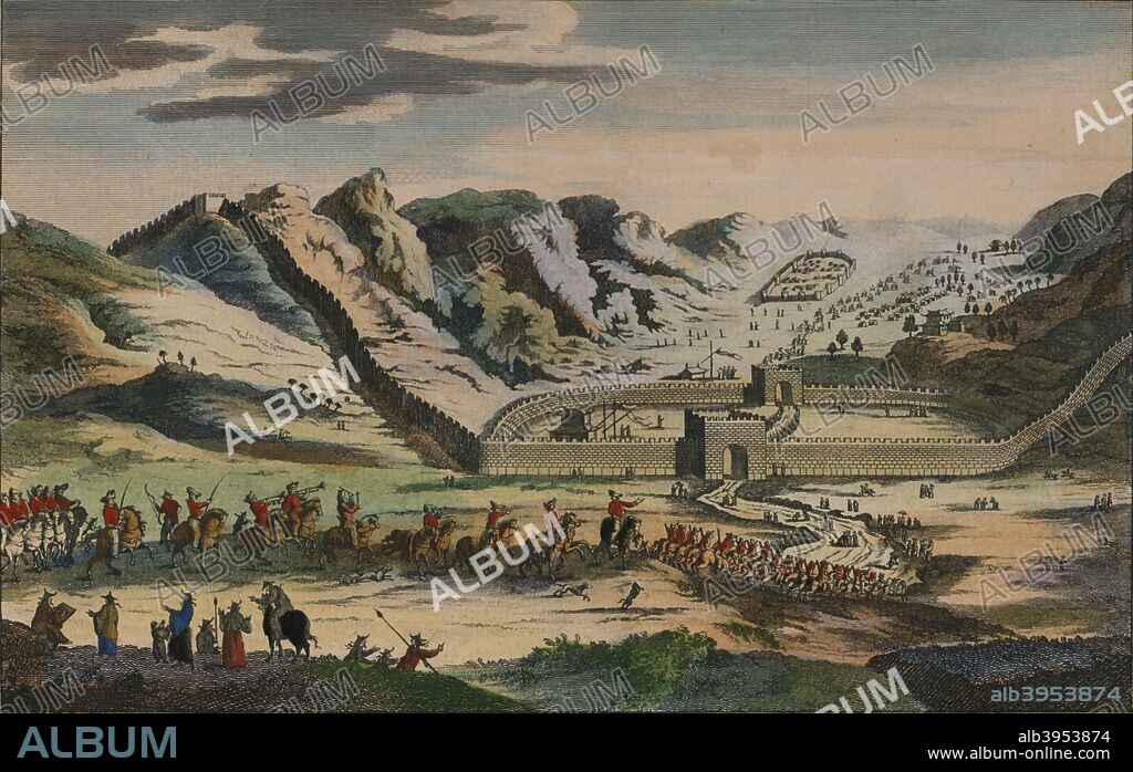 A View of the celebrated Great Wall of China, which divides that Empire from Tartary, & was originally built to prevent the Invasions of the Tartars', 1782. A hand coloured engraving for George Henry Millar's 'The new and universal System of Geography, being a complete history and description of the whole world', 1782.