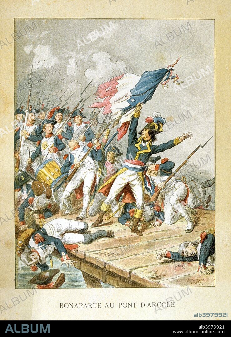 Napoleon at Arcola Bridge, 15 November 1796. Napoleon Bonaparte (1769-1821) holding the French flag and personally leading an assault across Arcola Bridge in a three-day battle against the Austrians in northern Italy. The span was the centre of fighting as the French desperately tried to force the Austrians backwards. On the final day, the French generals Massena and Augereau forced their way across the river and the defenders, fearful of being trapped, quickly retreated.