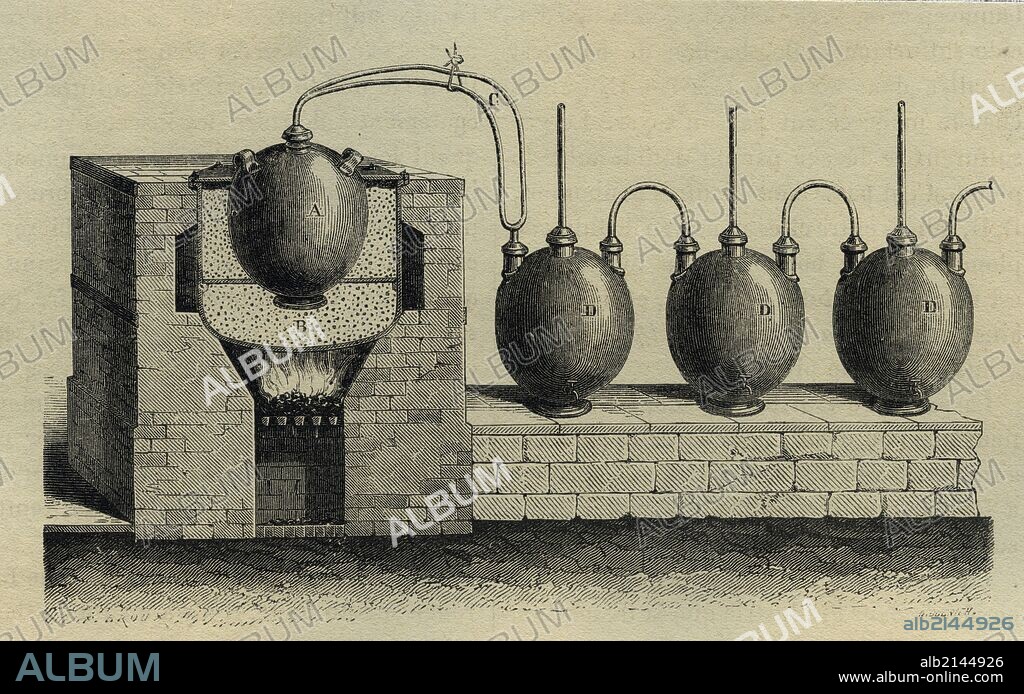 Industrial preparation of sulphuric acid and carbon dioxide from carbon anhydride. Engraving c1870 (Photo by: Universal History Archive/UIG via Getty Images).