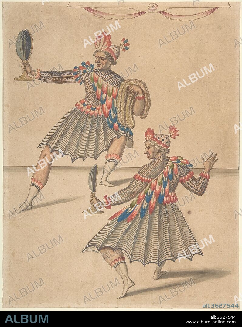 Drawing of Two 'Americans' for Ballet de la Douairière de Billebahaut. Artist: Daniel Rabel (French, Paris 1578-1637 Paris). Dimensions: 8 15/16 x 6 7/8 in.  (22.7 x 17.5 cm). Date: 1626.
Drawing featuring two theatrical figures in costumes with feather decorations for 'Le Grand Bal de la Douairière de Billebahaut' (The Grand Ball of the Dowager of Billebahaut), a popular ballet burlesque written by René Bordier in 1626.  With the young Louis XIII as the star performer, the ballet was performed at the Louvre and the Hôtel de Ville in February of 1626.  Featuring an elaborate procession of foreigners arriving from the four parts of the world, the performance lasted over three hours. First arrives 'America,' and the party is lead by King Atabalipa and his musicians. King Atabalipa, ruler of Cuzco, was the fictional leader of Peru, which emphasizes the lack of discernment between North and South America in French lyric literature. The 'Americans' are denoted by feathered headdresses and costumes: in this drawing they wear long-sleeved tonnelets with pleated, scallop-edged skirts, decorated with feather bands and belts, over mid-calf brown breeches bordered with colored feathers. Their feet are bare, and their doublets are skin-colored and with geometric motifs in black, likely simulating the body painting often worn by Native Americans. They wear colorful headpieces, also made up of feathers, and hold large mirrors (?) in their hands. They are represented in movement, possibly performing some kind of dance or in action during some battle.