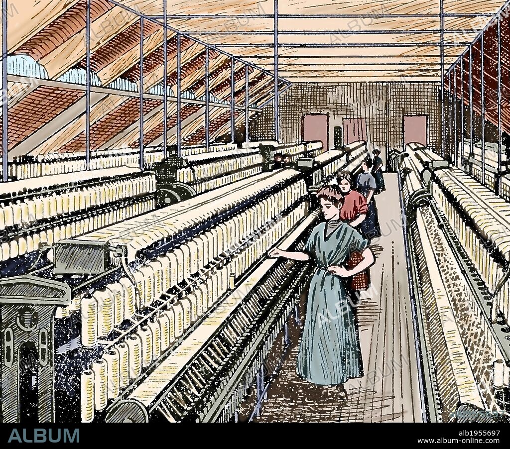 HISTORIA. ECONOMIA. S. XIX. Interior de una fábrica. Producción de hilados de algodón en una industria téxtil.. Mujeres trabajando en las mecheras. Grabado coloreado del siglo XIX.