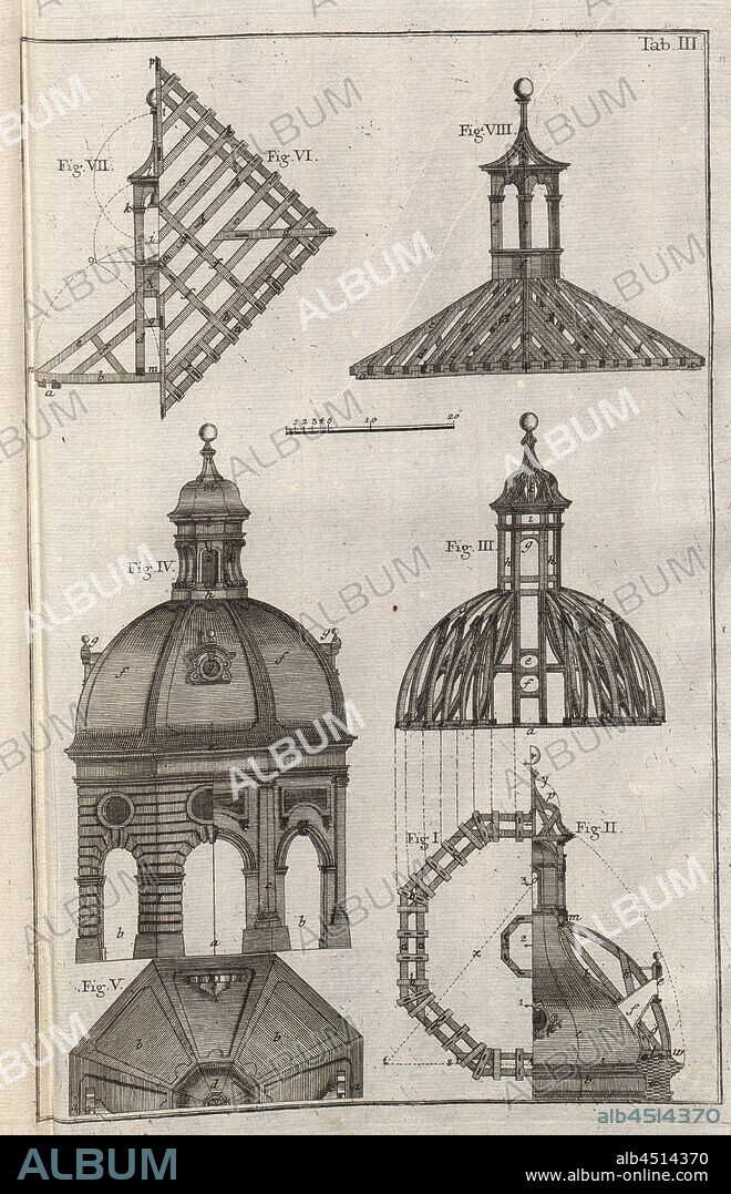 Construction drawing of a roof truss 3, Illustrations of construction drawing for a roof truss from the 18th century, Tabula III, p. 79, 1769, Caspar Walter: Zimmerkunst oder Anweisung wie allerley Arten von deutschen und welschen Thurnhauben, auch Kugelhelme, nach der neuesten Manier, zu Bedeckung der Kirchenthürme nicht nur zu entwerfen, sondern auch mit Holz zu verbinden: [...]. Augsburg: verlegt von den Gebrüdern Veith, 1769.