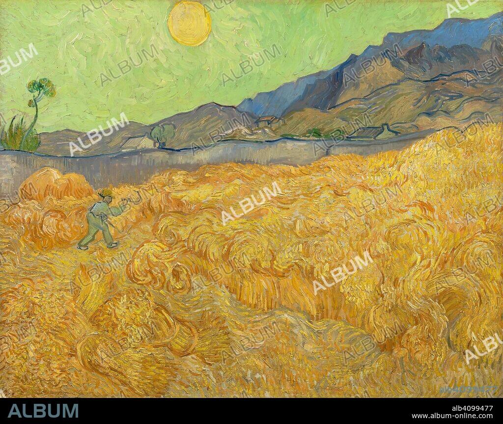 VINCENT VAN GOGH. Wheatfield with a Reaper. Date: September 1889, Saint-Rémy-de-Provence. Dimensions: 73.2 cm x 92.7 cm, 97.0 cm x 116.7 cm.