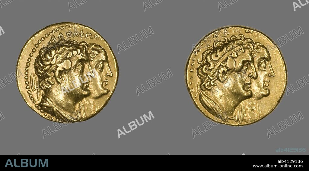 ANCIENT GREEK. Tetradrachm (Coin) Portraying King Ptolemy II and Queen Arsinoë II. Greco-Egyptian. Date: 285 BC-247 BC. Dimensions: Diam. 2.1 cm; 13.85 g. Gold. Origin: Egypt.