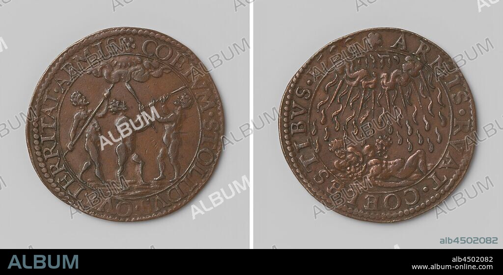 Allegory of the atrocities committed by the troops of Francisco de Mendoza, during their wintering in Germany, Copper Medal. Front: three naked men threatening to raise their weapons sky-high within a circle. Reverse: the same three men lying dead on the earth, struck by lightning, in cloud name Jehovah in Hebrew script within an inscription, Germany, Francisco Hurtado de Mendoza, anonymous, Dordrecht, 1598, copper (metal), striking (metalworking), d 3 cm × w 6.14 gr.