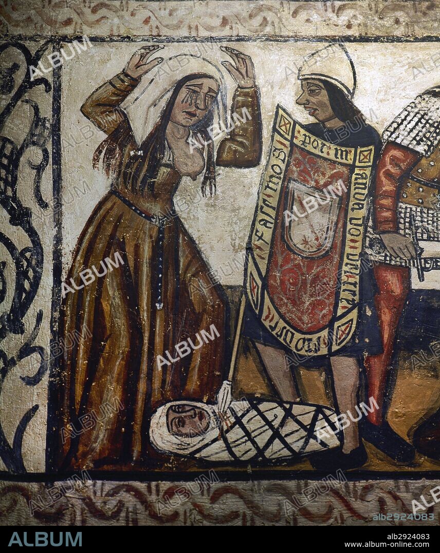 "LA MATANZA DE LOS INOCENTES". Detalle de las pinturas murales fechadas en el siglo XIV, situadas en la nave central de la CATEDRAL DE MONDOÑEDO. Provincia de Lugo. Galicia. España.