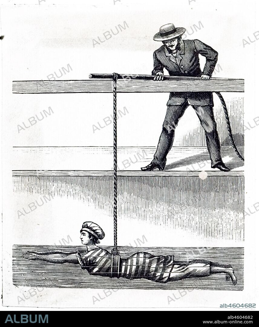 An engraving depicting a man teaching a woman how to swim. He has tied one  end of a rope around her waist and the other around a pole which he holds up