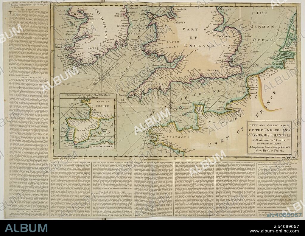 English and St.George's channels. A new and correct Chart of the English and St. Geo. Northampton : W. Dicey, [1745?]. A chart of the English and St. George's Channels.  Image taken from A new and correct Chart of the English and St. George's Channels with the adjacent Coasts, to which is added a supplement to the Coast of France from Brest to Toulon. [With] a succinct account of the several French invasions on the English Coast at and since the revolution.  Originally published/produced in Northampton : W. Dicey, [1745?]. . Source: Maps.K.MAR.III.(24) ,. Language: English.