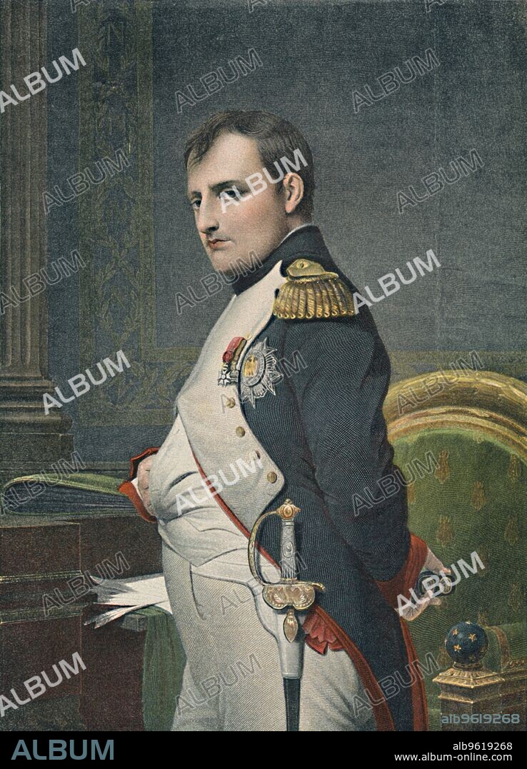 'Napoleon in His Study', c1800, (1896). Napoleon I Bonaparte (1769-1821), Emperor of France from 1804. Napoleon enjoyed a meteoric rise through the ranks of the French Revolutionary army. In 1799 he led a coup to overthrow the government, the Directory, and became first consul and effective dictator of France. In 1804, he declared himself Emperor, and embarked on a series of military campaigns across Europe, the Napoleonic Wars. Victories such as Austerlitz and Jena led to France establishing its power across much of the continent. In 1812, however, Napoleon embarked on a disastrous invasion of Russia and defeat at Leipzig in 1813 led to his abdication and exile to Elba. He ecaped in 1815, raised another army, but was finally defeated by Wellington at Waterloo, and exiled again to the remote island of St Helena where he died. Typogravure after the painting made c1820-1856 by Paul Hippolyte Delaroche. From Life of Napoleon Bonaparte, Volume III, by William Milligan Sloane. [The Century Co., New York, 1896].