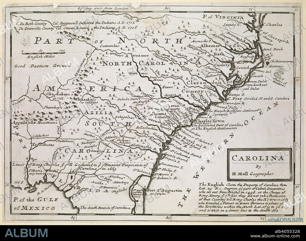 HERMAN MOLL. A map of North and South Carolina. CAROLINA. [London] : By ...