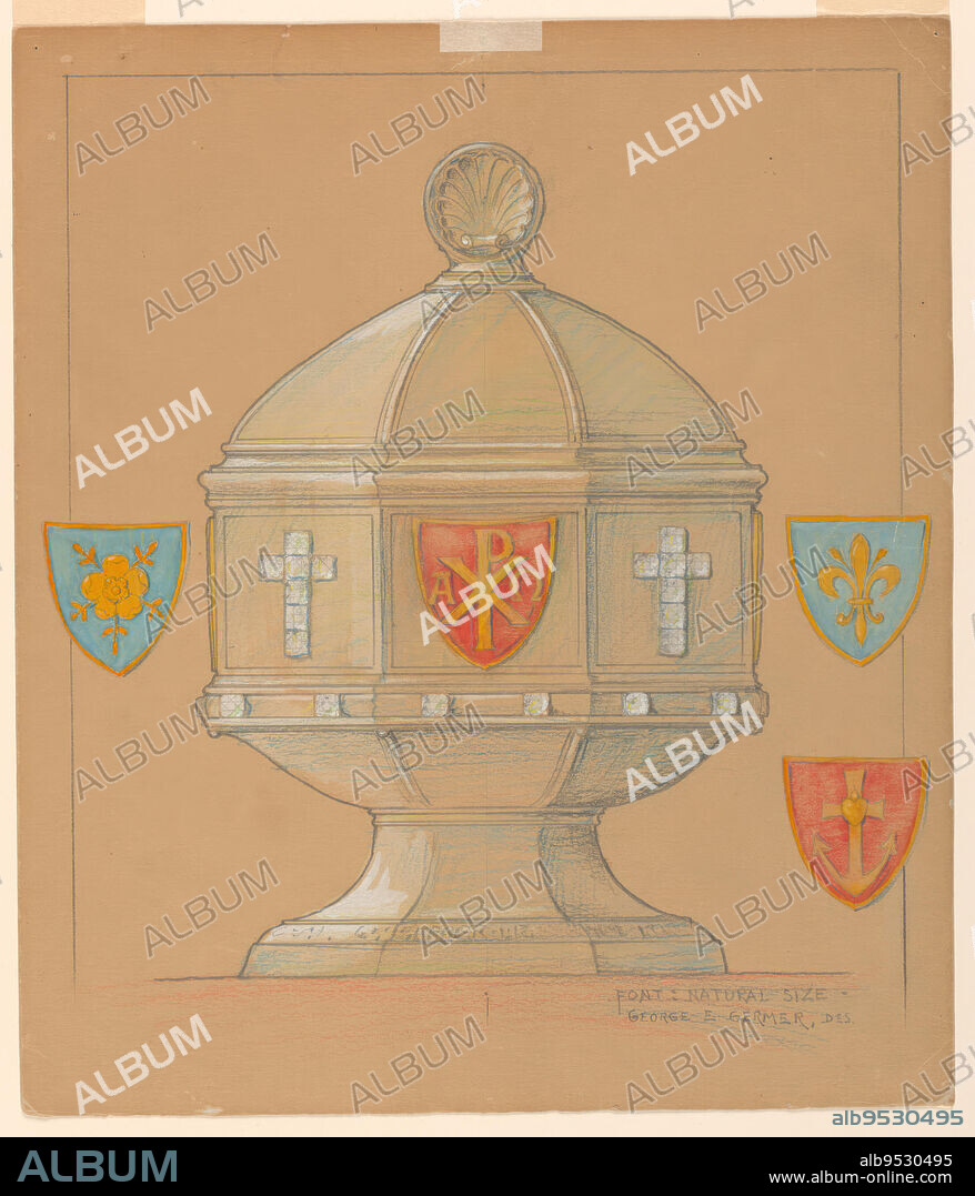 GEORGE E. GERMER. In the shape of a baptismal font with a cover; a shell is on top. Diamonds form crosses which alternate with shields in the panels of the parapet. The shields represent: A[p with descender bisecting an X; Greek letter omega]; a rose, a fleur-de-lys; [an anchor with a heart]. Those not visible in the decoration are shown beside it. More diamonds at the molding. Verso: incised corner ornament. [See accession ledger for illustrations.] Verso: incised corner ornament. Graphite, crayon, brush and blue, yellow, and red watercolor on cardboard. Date: ca. 1928.