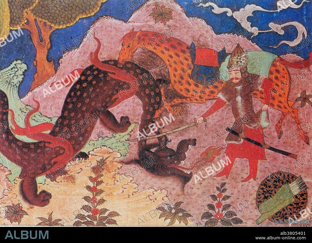 Rostam is the epic hero of the story, Rostam and Sohrab, part of the Persian epic of Shahnama in Persian mythology. On his quest to rescue King Kavus from demons, Rostam had to succeed in many trials of courage and strength. In this part of the story, he was asleep, unaware that a dragon was approaching. He was woken up several times by Rakhsh, his faithful horse. But each time, the Dragon made itself invisible, and Rostam fell back to sleep. Finally Rostam saw the dragon and drew his sword to kill it. With the help of Rakhsh, he was able to sever the dragon's head. The Shahnama is an epic poem written by the Persian poet Ferdowsi and is the national epic of Iran and the Persian speaking world. The poem tells the mythical and to some extent the historical past of the Persian empire from the creation of the world until the Islamic conquest of Persia in the 7th century. This image is from a Persian manuscript of the Shahnama which dates from the 15th century.