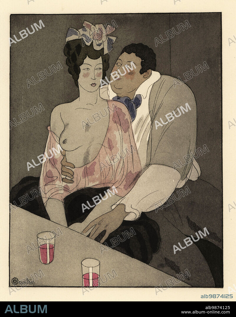 A Rheims painter seduces a neighbors half-naked wife while drinking wine at  the dinner table. An evening in Rheims. Les remois. Lithograph handcoloured  in pochoir (stencil - Album alb9874125