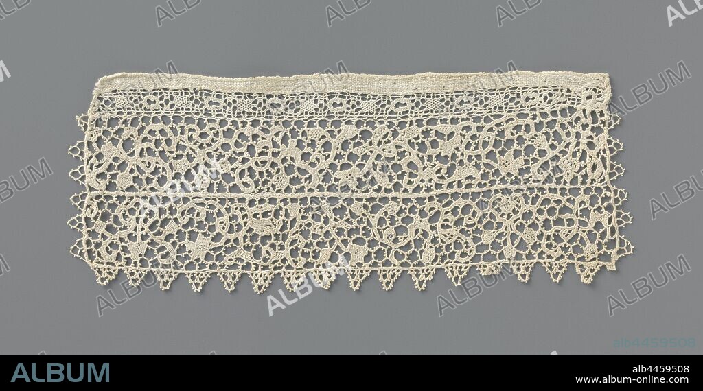 Doubled strip of needle lace with heart-shaped ribs, Strip of  natural-colored needle lace: flat Venetian lace. On a bar of ground that  forms regular six-sided meshes, ther - Album alb4459508