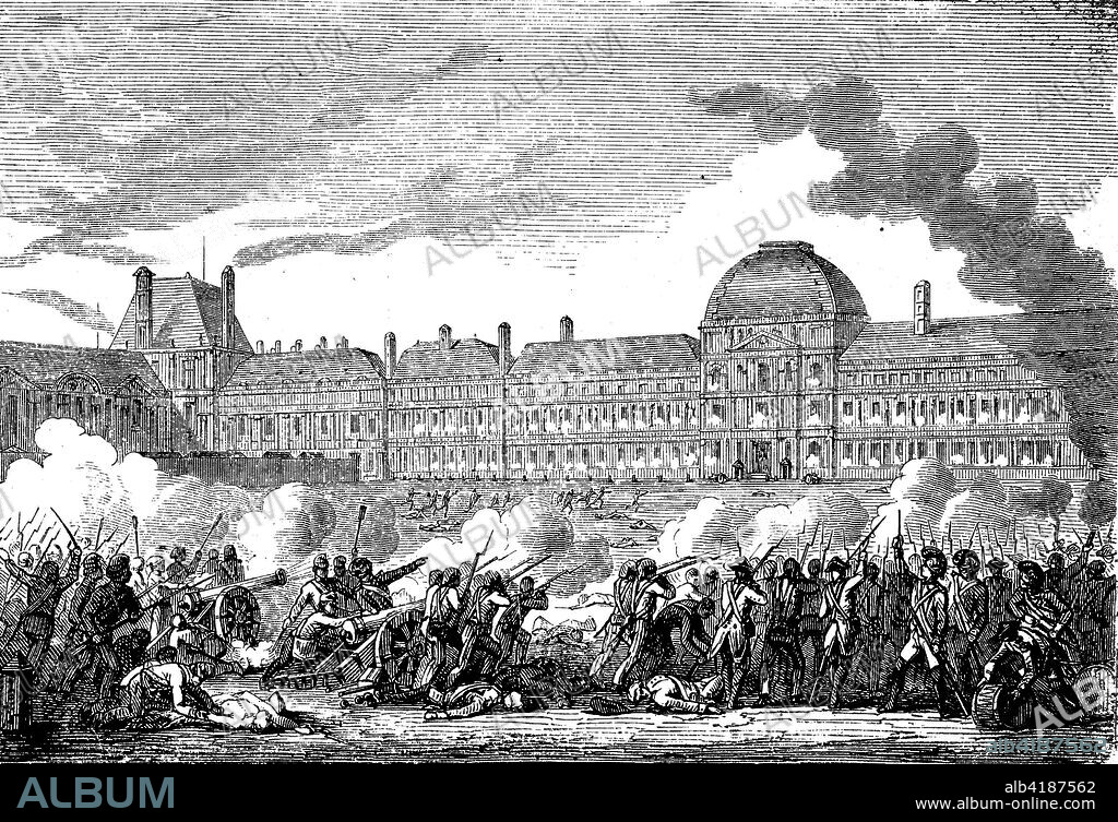 The Insurrection of 10 August 1792 was one of the defining events in the history of the French Revolution. The storming of the Tuileries Palace by the National Guard of the insurrectional Paris Commune and revolutionary from Marseilles and Brittany resulted in the fall of the French monarchy, reproduction of a woodcut from the year 1880, digital improved.