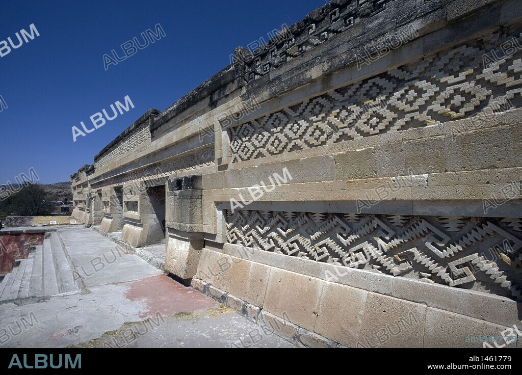 Mexico. Mitla. Old Mixtec-Zapotec ceremonial center. Facade of the Great Hall of Columns. Oaxaca State.