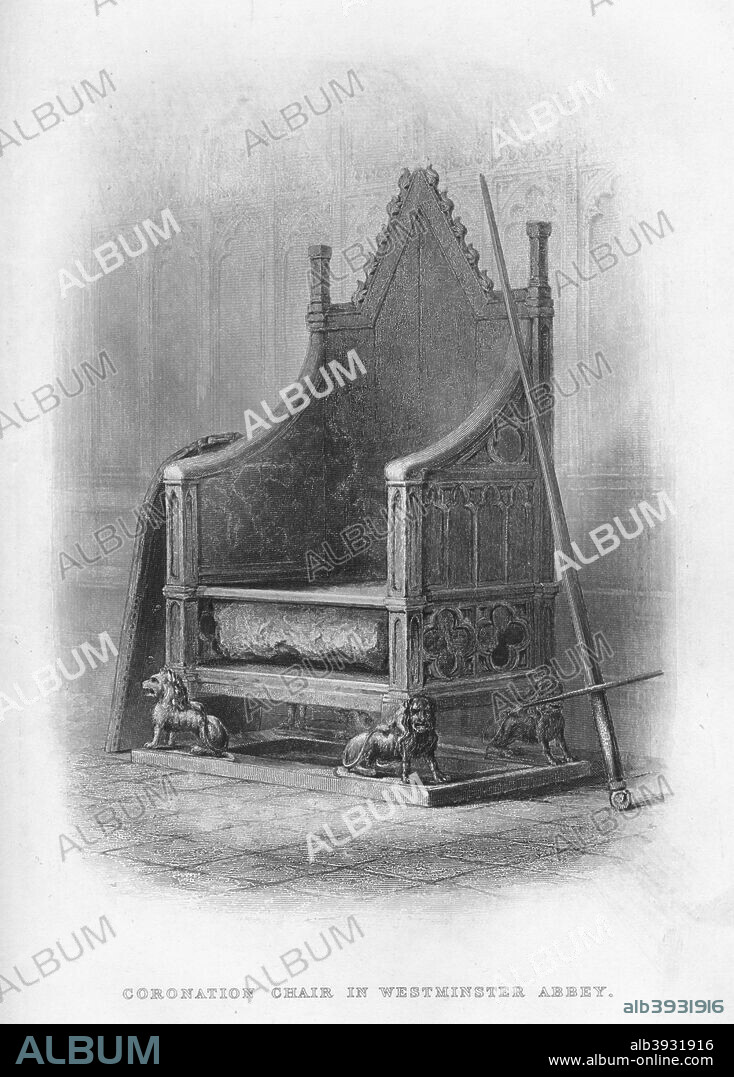 'Coronation Chair in Westminster Abbey', 1859. Known historically as St Edward's Chair or King Edward's Chair. An ancient wooden throne on which the British monarch sits when he or she is invested and crowned during coronation. Commissioned in 1296 by King Edward I, the chair is kept in Edward the Confessor's shrine at Westminster Abbey. From The History of England Div VIII by David Hume & Tobias Smollett. [Virtue & Co., London, 1859].