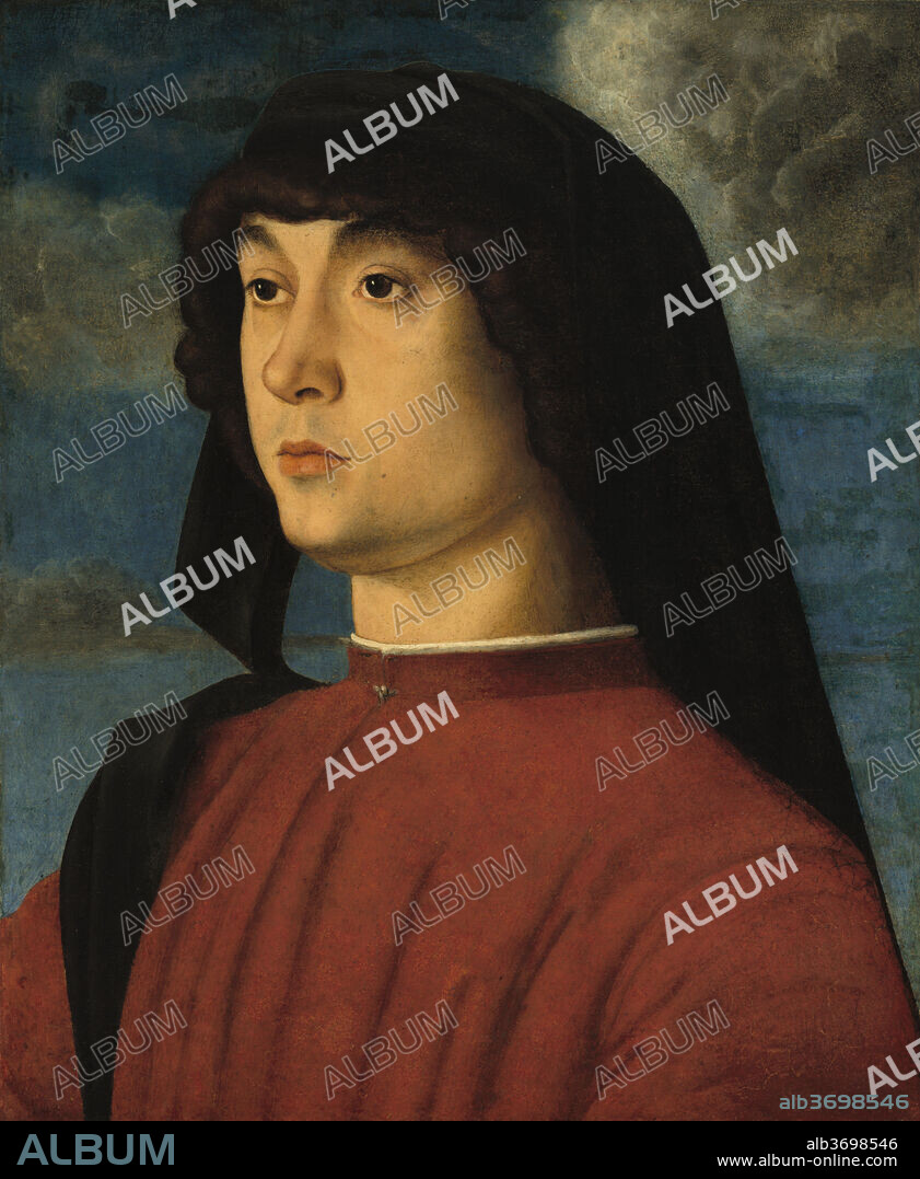 GIOVANNI BELLINI. Portrait of a Young Man in Red. Dated: c. 1480. Dimensions: overall: 32 x 26.5 cm (12 5/8 x 10 7/16 in.)  framed: 50.5 x 44.9 x 3.5 cm (19 7/8 x 17 11/16 x 1 3/8 in.). Medium: oil and tempera on panel.