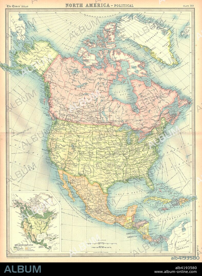 Political map of North America. Map showing Canada, the United States, Mexico, the Caribbean and Central America. Plate 80 from The Times Atlas.