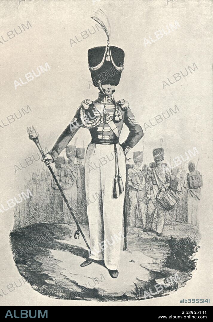 '87th Regiment or Royal Irish Fusiliers, Drum Major (1828)', 1828 (1909). From British Military Prints, by Ralph Nevill. [The Connoisseur, London, 1909].