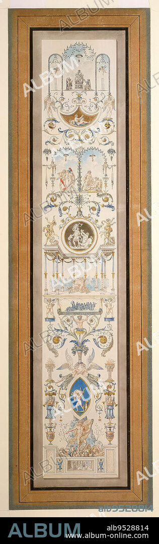 CHARLES NORMAND. Design for a wall panel. The composition shows episodes from the lives of Theseus, interspersed amidst a finely drawn, elaborate display of garlands, urns, nymphs, leafy arbors, pavilions and arabesques. From the bottom up the scenes represent: Theseus discovering the sword and sandals of his father, Theseus slaying the Minotaur, Theseus abducting Antiope, and Theseus being rescued by Hercules. Date: ca. 1800. Pen and black ink, brush and watercolor on paper, lined with white heavy paper and framed by blue color paper border colored light brown and black.