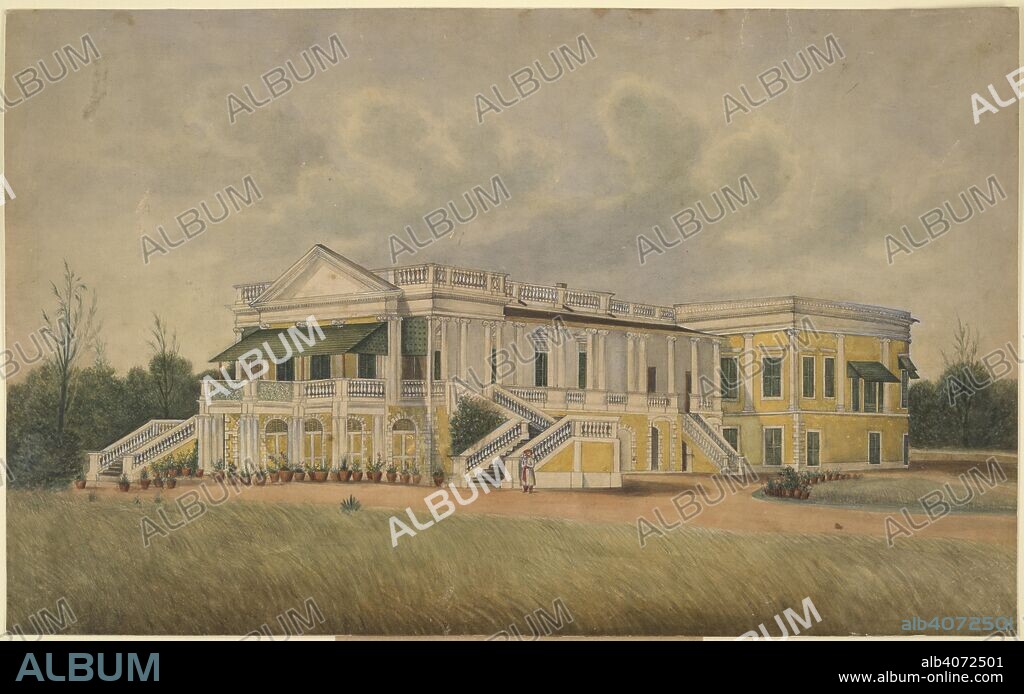 A Palladin mansion. c.1835. A two storeyed Palladin mansion, probably in Madras. A 'chaprassi' with a Maratha-type turban stands at the foot of a flight of steps. Inscribed on back in pencil: 'Belfort House. Our place of residence;' on original mount; 'Cadell Esq.'. Water-colour; 26 by 42 cm.  Originally published/produced in c.1835. . Source: Add.Or.3280,.