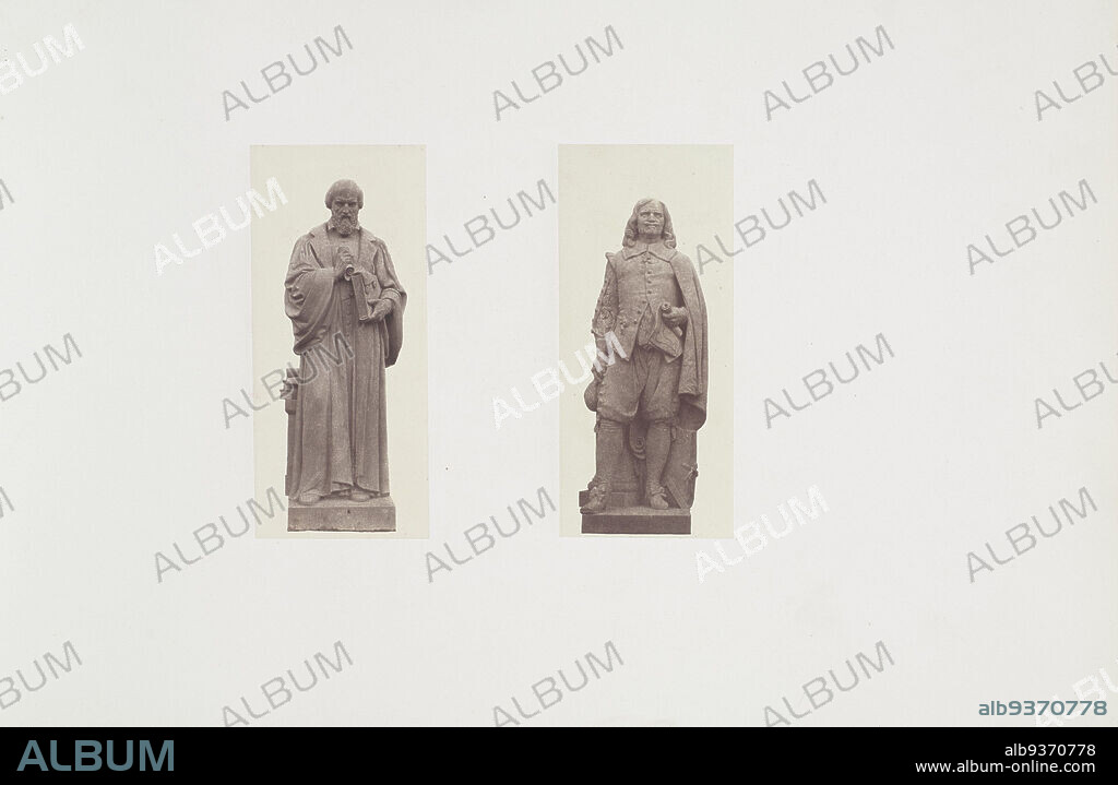 Plaster models for sculptures at the Palais du Louvre: on the left L'Hospital by Eugène Guillaume and on the right Lemercier by Antoine Laurent Dantan, Part of Réunion des Tuileries au Louvre 1852-1857, album 2., Édouard Denis Baldus, Eugène Guillaume, Paris, c. 1855 - c. 1857, paper, salted paper print, height 382 mm × width 560 mm.