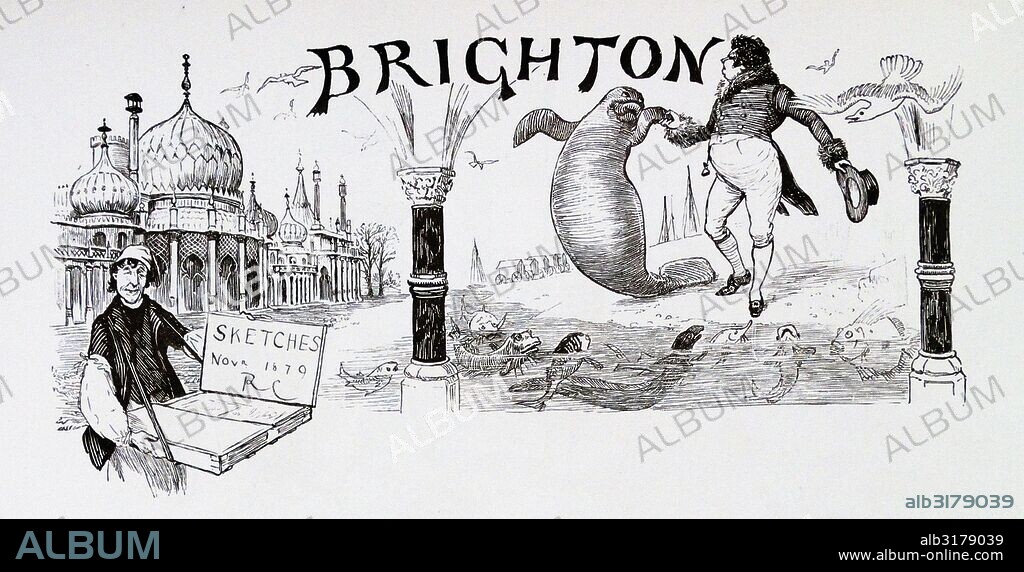 Woodcut illustration of a man on a beach dancing with a seal. Small sea creatures are shown in the foreground of the picture, on the shoreline. Brighton, England 1889.