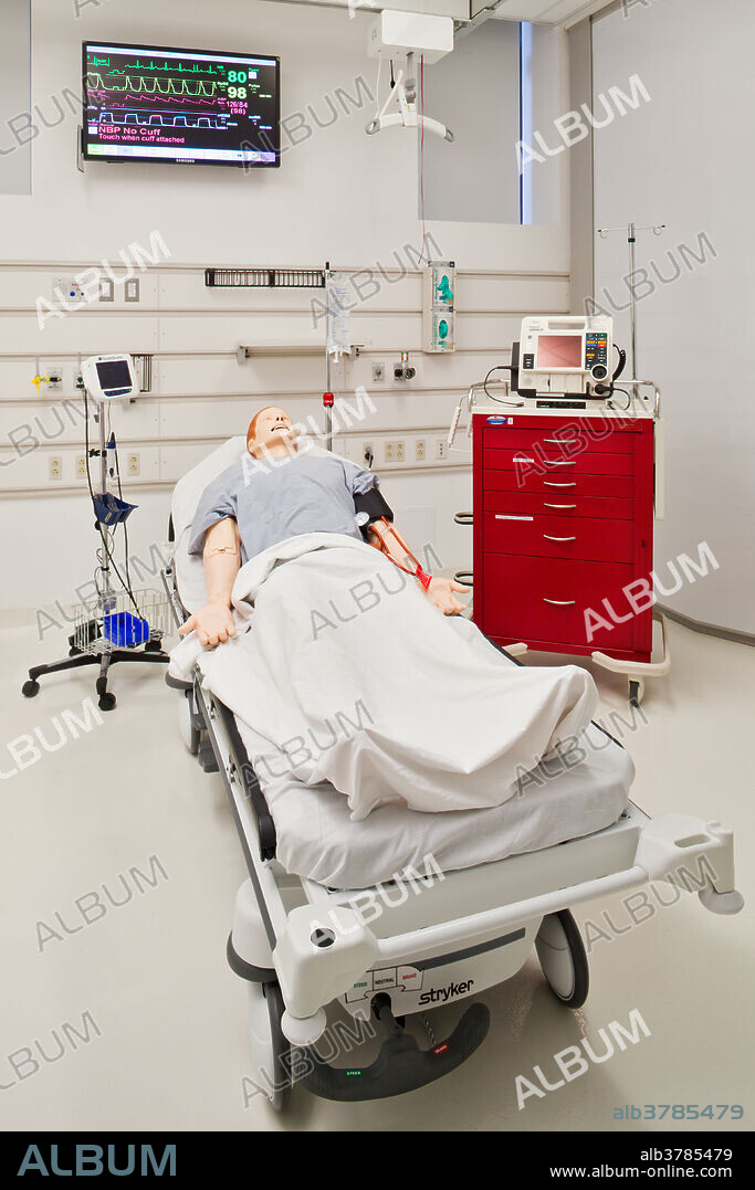 Medical training room with manikin, Stryker Transport Stretcher, Verathon Glidescope, crash cart, Medtronic Lifepak 2 Defibrillator, and vital sign monitor.