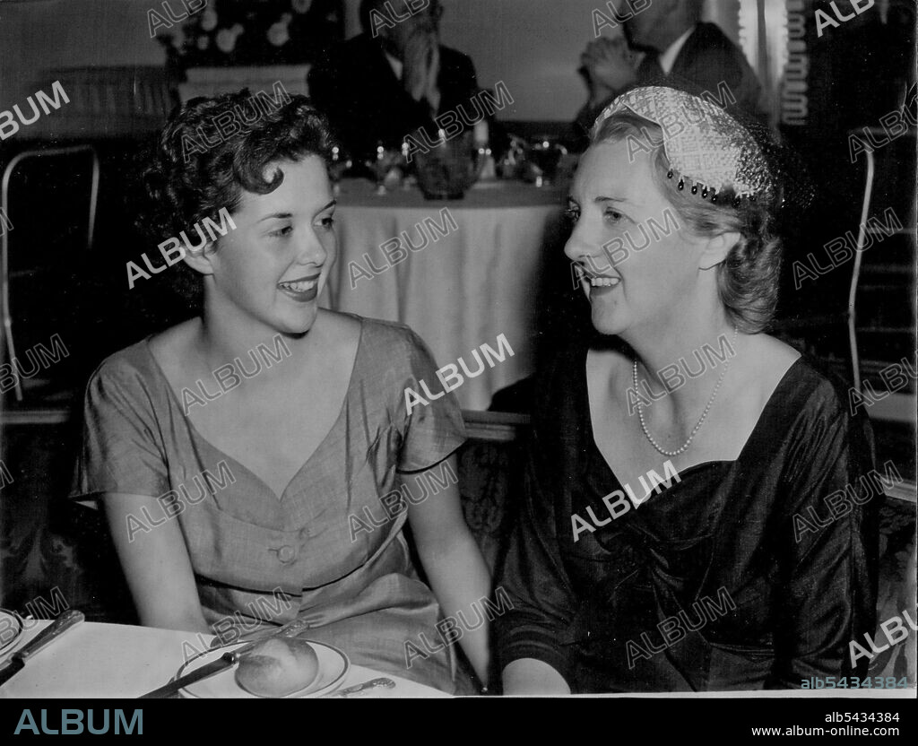 Mrs. Carlos Zalapa, wife of the Consul for Brazil and her daughter, Teresa at Princes, Yesterday. The Consul and Mrs. Zalapa gave a luncheon in honor of Teresa's nineteenth birthday. April 15, 1954.