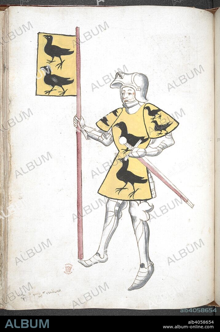 ROGER LEGH. Knight, in armour and tabard, holding a sword and a standard with banner and arms. Legh's Men of Arms (manuscript also known as Sir Thomas Holme's Book of Arms). Part 3 ff. 41-112. England, S. E. (probably London). Last quarter of the 15th century or 1st quarter of the 16th century. Numerous coloured drawings of knights in armour and tabard. Source: Harley 4205 f.72v. Language: French (names of the knights). Gothic cursive.