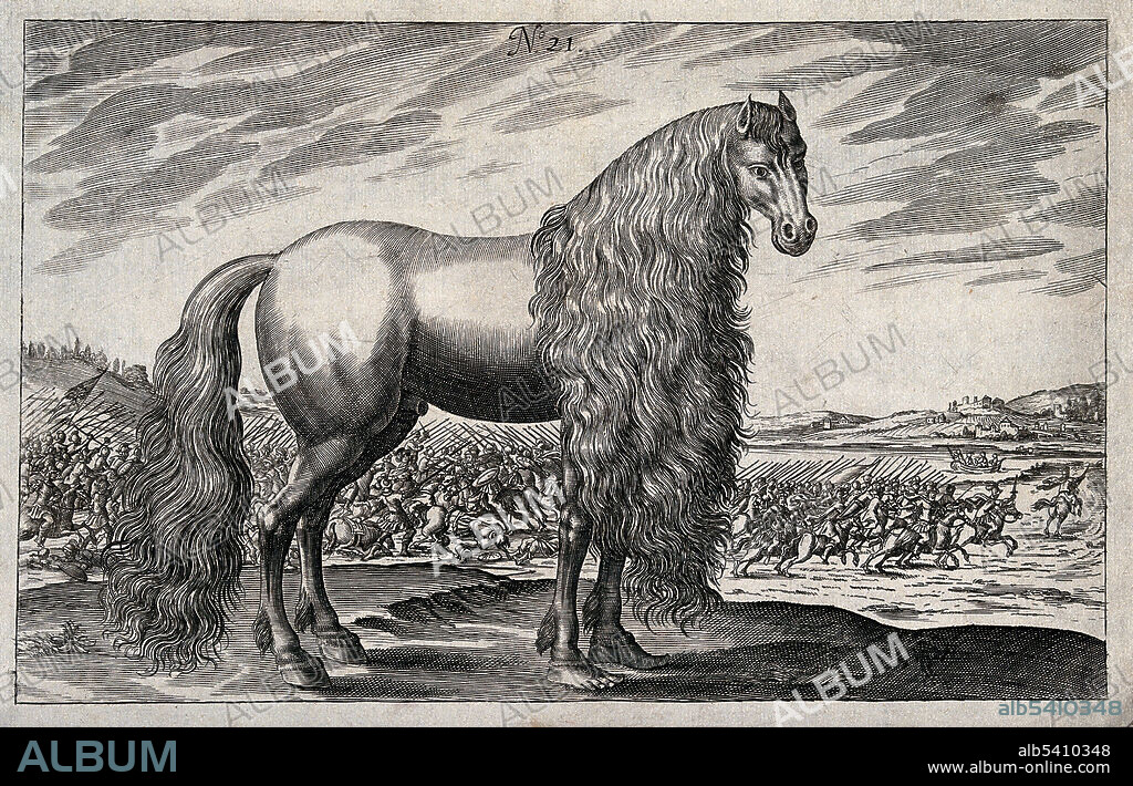 A horse with a long mane and human feet at the end of its forelegs, standing in front of a battle. Historical engraving from 1720.