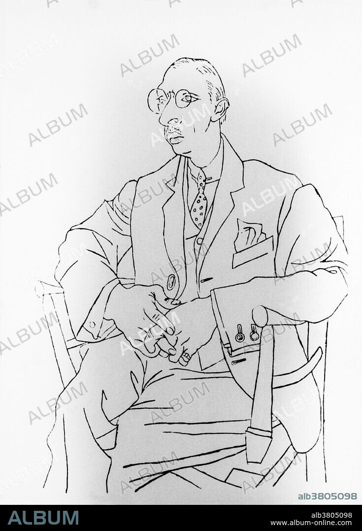 Sketch of Stravinsky by Pablo Picasso in 1920 after the opening of his ballet "Pulcinella", for which Picasso designed both the costumes and the sets. Igor Fyodorovich Stravinsky (June 17, 1882 - April 6, 1971) was a Russian, and later French and American, composer, pianist, and conductor. He is one of the most important and influential composers of 20th century music. He also achieved fame as a pianist and a conductor. His compositional career was notable for its stylistic diversity, a musical revolutionary, who pushed the boundaries of musical design. Stravinsky displayed an inexhaustible desire to explore and learn about art, literature, and life. He became a naturalized French citizen in 1934 and a naturalized US citizen in 1940. He died in 1971, at the age of 88, in New York City and was buried in Venice on the cemetery island of San Michele. His grave is close to the tomb of his long-time collaborator Sergei Diaghilev.