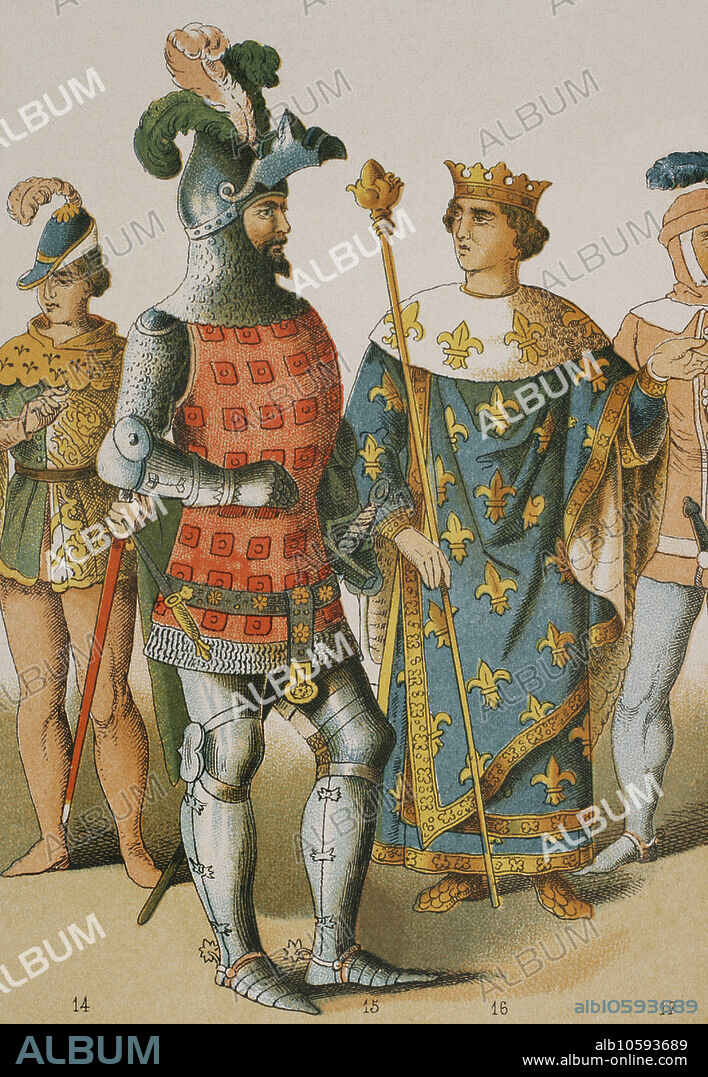 History of France. 1300. From left to right, 14: knight, 15: warrior ...