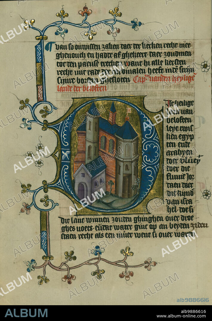 A Church representing the Promised Land, 1400-1404. Page from "Tafel van den Kersten Ghelove" (Handbook of the Christian Faith) by Dutch Dominican theologian Dirc van Delf, an encyclopedia of scholastic theology written for a lay audience in the local vernacular, Middle Dutch.