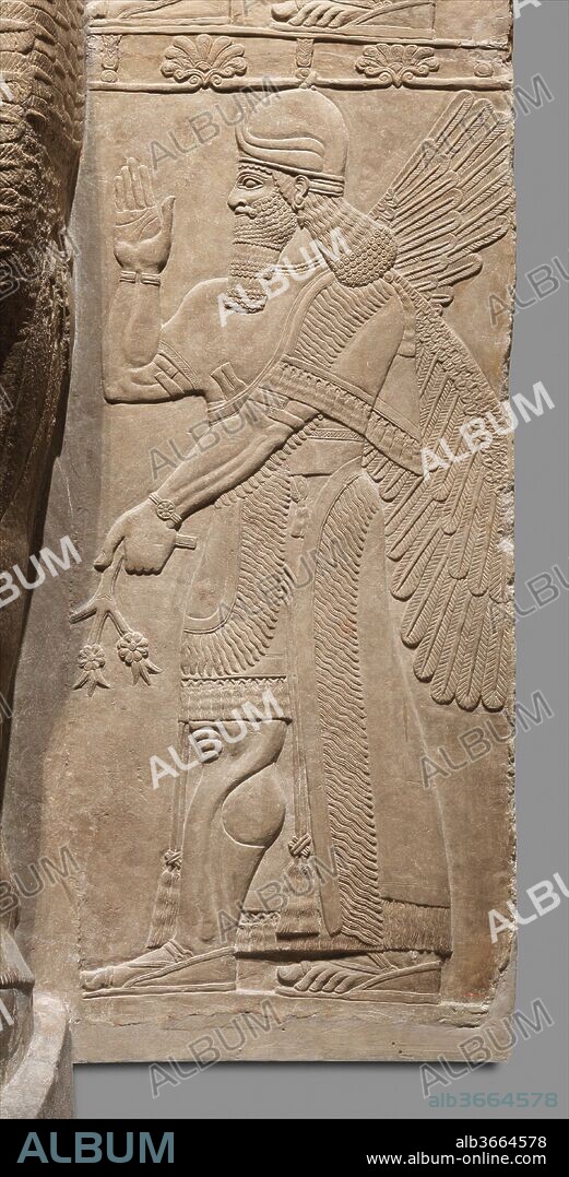 Relief panel. Culture: Assyrian. Dimensions: 54 x 30 in. (137.2 x 76.2 cm). Date: ca. 883-859 B.C..
This panel represents a supernatural protective figure similar to those seen in the Northwest Palace at Nimrud (ancient Kalhu) but comes from another important structure at the same site, the Ninurta Temple. Like the palace, the Ninurta Temple was built by Ashurnasirpal II (r. 883-859 B.C.), and it is very likely that many of the same personnel were involved in producing the relief programs for the two buildings.
Ninurta was an important god in the Mesopotamian pantheon. In origin he was an agricultural deity, but for the Assyrian kings it was his association with war and victory that gave him particular significance. One relief from the Ninurta Temple depicts the god's most famous mythological exploit--recovering the "Tablet of Destinies," on which was written the future of humanity, from the Anzu bird, a demon who often appears in art as a lion-headed eagle.
The figure depicted here is winged and human-headed, and holds in his left hand part of a plant whose three branches end in rosettes. The meaning of this plant is unknown, but it is probably highly stylized and may not represent any real plants. Rosettes occur frequently in Assyrian art and have strong divine associations, particularly with the goddess Ishtar.