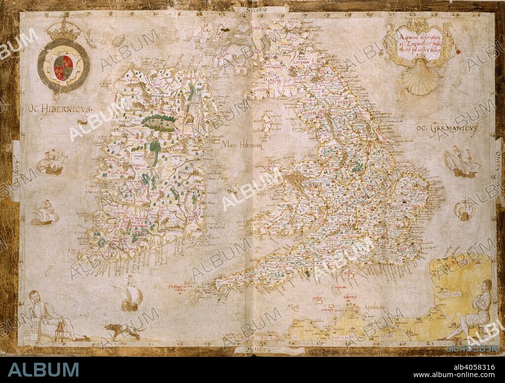 LAURENCE NOWELL. Map of Great Britain and Ireland. Nowell-Burghley Atlas. circa 1564. [Whole map] Map of England and Ireland, extending from Arbroath in Scotland to the Franco-Flemish coast. From a geographical commonplace book of William Cecil, Lord Burghley, with his annotations. In lower corners; a reclining figure [Nowell?] with dog, and Cecil seated on an hour glass  Image taken from Nowell-Burghley Atlas.  Originally published/produced in circa 1564. . Source: Add. 62540, ff.3v-4. Language: English.