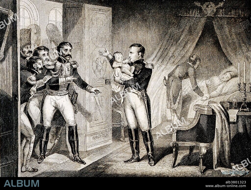 Napoleon presenting his newborn son Napoleon II, to his soldiers, in 1811. His second wife, Marie Louise, lies in bed. Napoleon divorced his first wife, Josephine de Beauharnais, because she was unable to produce an heir. Engraving by Mme. Lessueur after Alphonse Testard. Napoleon II was styled the King of Rome at birth, and later Duke of Reichstaedt. He breifly succeeded his father on the throne.