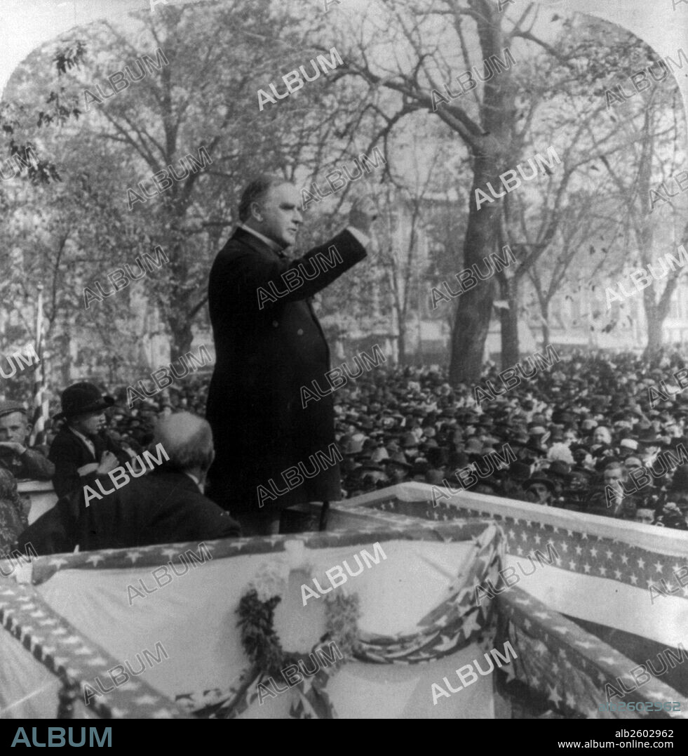 President William McKinley speaking at Quincy Ill. McKinley (1843-1901) was the 25th President of the United States and led the nation to victory in the Spanish–American War, raised protective tariffs to promote American industry, and maintained the nation on the gold standard in a rejection of inflationary proposals.