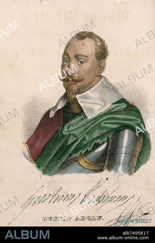 Gustav II. Adolf, König von Schweden (1611-32); Stockholm 19.12.1594 - (gefallen) bei Lützen 16.11.1632. Porträt. Federlithographie, altkoloriert, unbez. Aus: L.Flathe, Gustav Adolf und der dreißigjährige Krieg, 1. Bd., Dresden (Eduard Pietzsch) 1841, Frontispiz. Berlin, Sammlung Archiv für Kunst und Geschichte.